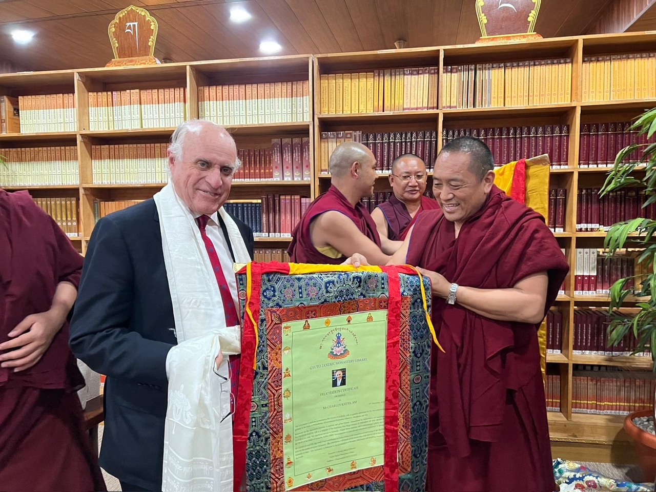 Being presented with welcoming katas (ceremonial scarves) by Gyuto monastery manager Venerable Ngawang Zodroe and Gyuto Library Director Venerable Lobsang Ludup 5.JPG